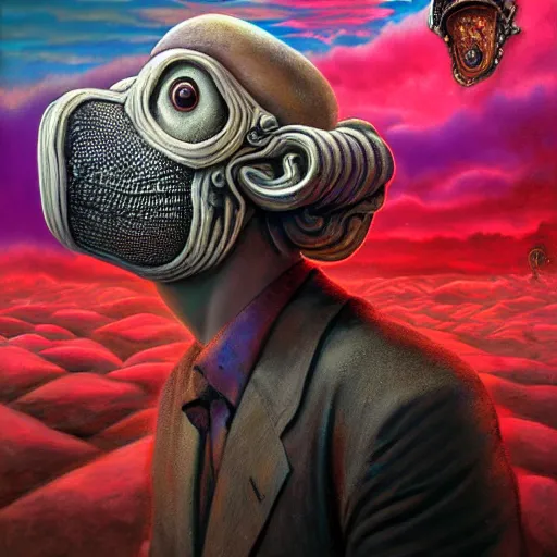 Image similar to full face close up portrait, sandman god of dreams wearing a plague - doctor mask, deliver me cosmic sight, by igor morski, by josip csoor, by laurie lipton, in the valley of the damned background, cinematic lighting, volumetric lighting, neosurrealism, realistic shadows, particle effects, rendered in octane, psychedelic, electric, cosmic, fantasy