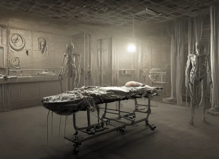 Prompt: a highly realistic interior structure morgue laboratory with a dead alien autopsy on table, highly detailed sculpture, anatomical, overhead lights, ommatidia, aliencore, post - processing, intricate detailed, highly realistic, 4 k, cinematic view, unreal engine rendering, 8 k, modern photography by wayne barlowe, clive barker