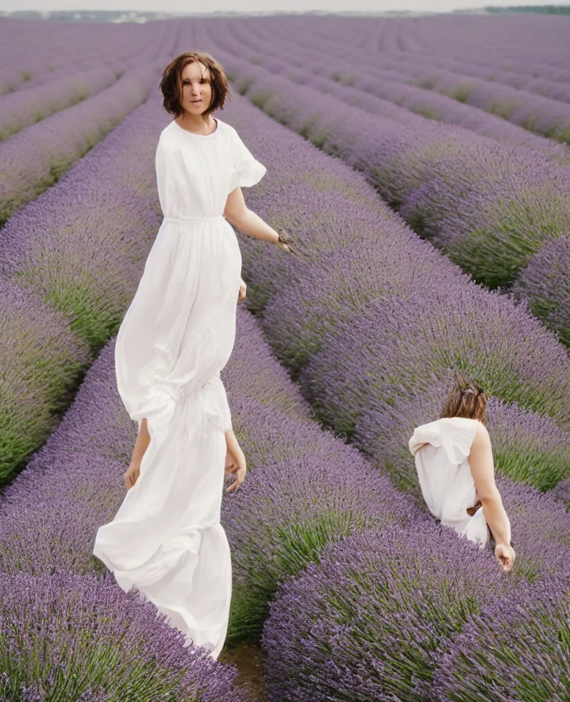 Prompt: A portrait of a French woman, mid-20s, wearing a white flowing dress, in a lavender field in France, 85mm, medium shot, 1.2, Kodak Portra, trending on Instagram