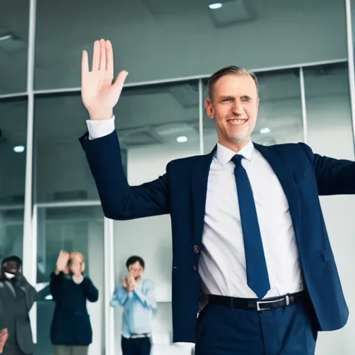Image similar to realistic man in office waving goodbye to group of people