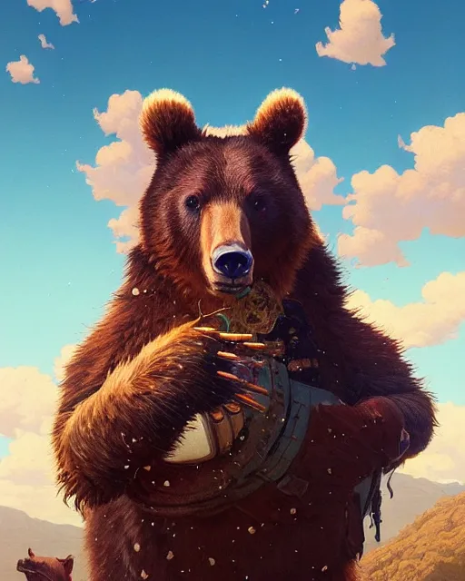 Image similar to highly detailed surreal vfx portrait of a cattlepunk bear, stephen bliss, unreal engine, greg rutkowski, loish, rhads, beeple, makoto shinkai and lois van baarle, ilya kuvshinov, rossdraws, tom bagshaw, alphonse mucha, global illumination, detailed and intricate environment