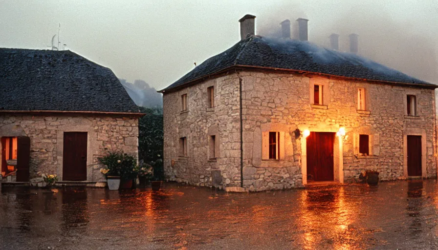 Prompt: 1 9 7 0 s movie still of a heavy burning french style stonehouse in a small french village by night rain, cinestill 8 0 0 t 3 5 mm, heavy grain, high quality, high detail, dramatic light, anamorphic, flares