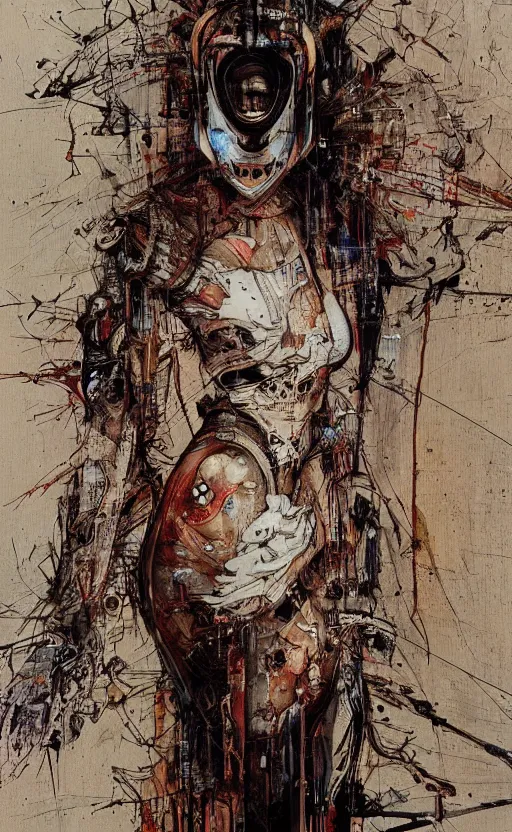 Image similar to woman wearing gown made of mech mask rendered in unreal engine, cyberpunk, rave, scifi, painted by albrecht durer | bernard buffet | carne griffiths | wlop