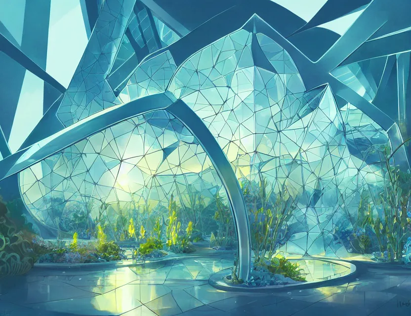 Prompt: beautiful futuristic crystal architecture with organic shapes, blooming plants growing on it. gouache, limited palette with complementary colors, by award - winning mangaka, backlighting, bold composition, depth of field.