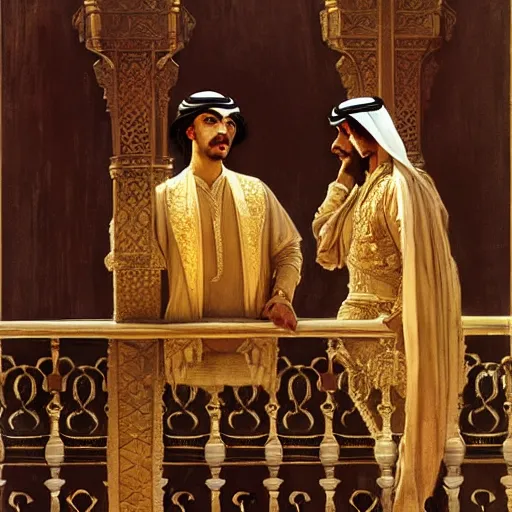 Prompt: attractive arab king confesses his love for his attractive male prince, in a balcony the palace, above river. highly detailed painting by gaston bussiere, craig mullins, j. c. leyendecker