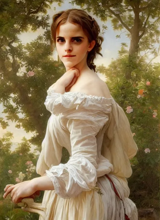 Image similar to full length portrait emma watson as 17th century country girl, shining, 8k highly detailed, sharp focus, illustration, art by artgerm, mucha, bouguereau