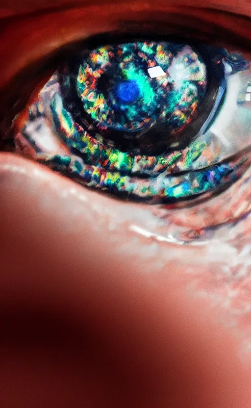 Image similar to image of an eyeball with iridescent pupil, art, photorealistic, realistic, photo, 8K, HDR, 8K resolution, detailed, high quality, high resolution, lossless quality