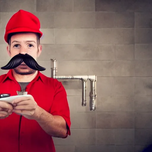 Prompt: an plumber wearing a red outfit and having a moustache and a red hat saying m, cinematography, photography, highly defined features, hdr,