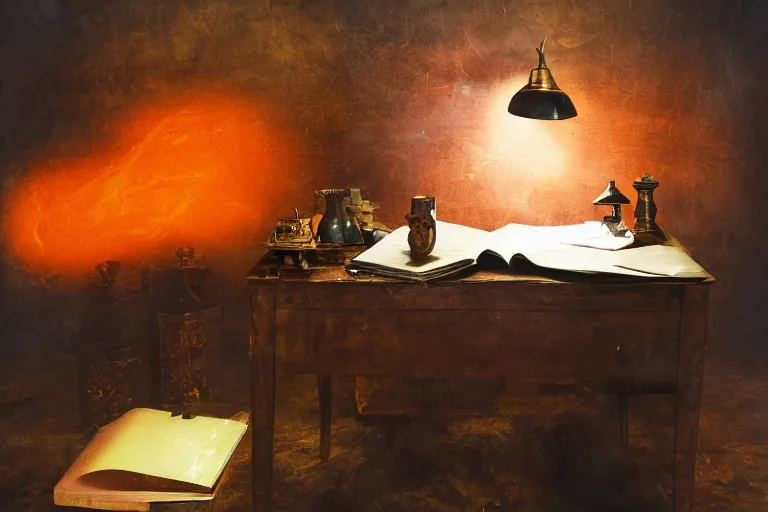 Image similar to office desk with a spilled glowing orange potion, 1 2 th century fantasy photograph