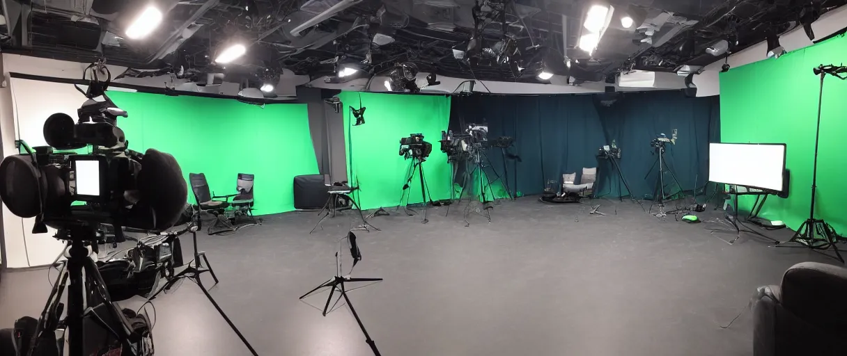 Image similar to photo of a movie set, green screen in the back, 4 cameras in the front, studio, movie set, realistic, studio lighting