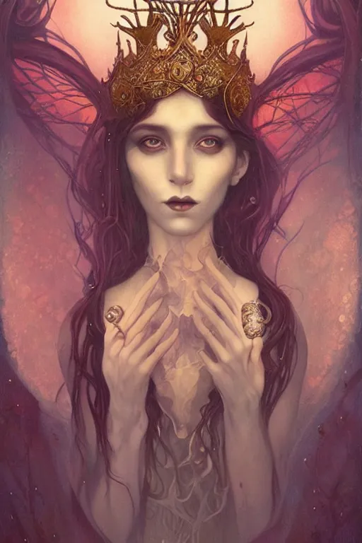 Prompt: jeweled Crown, other worldly, fairy eldritch court, art nouveau, by Anato Finnstark, Tom Bagshaw, Brom