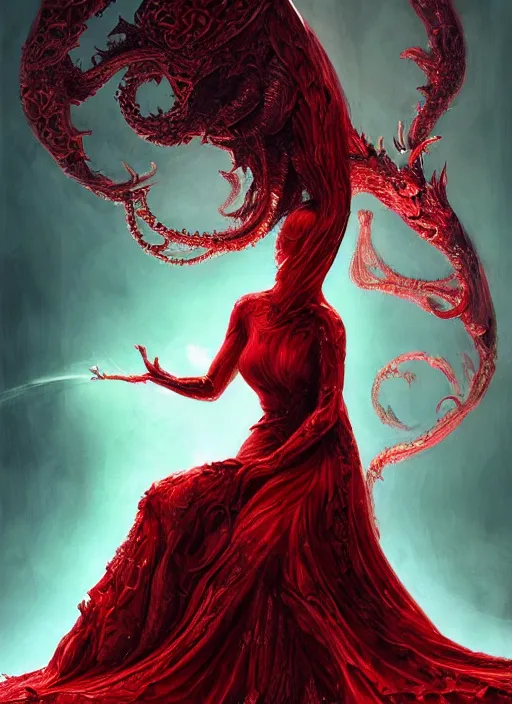 Image similar to woman in love sit upon a scarlet coloured beast, pain, royal dress, light effect, hyper detailed, intricate, atmospheric, elegant, highly detailed, digital painting, artstation, concept art, matte, sharp focus, illustration, by james jean, andrei riabovitchev, marc simonetti, yoshitaka amano