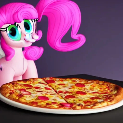 Prompt: still photo of pinky pie from my little pony eating pizza, highly detailed, photorealistic portrait, bright studio setting, studio lighting, crisp quality and light reflections, unreal engine 5 quality render