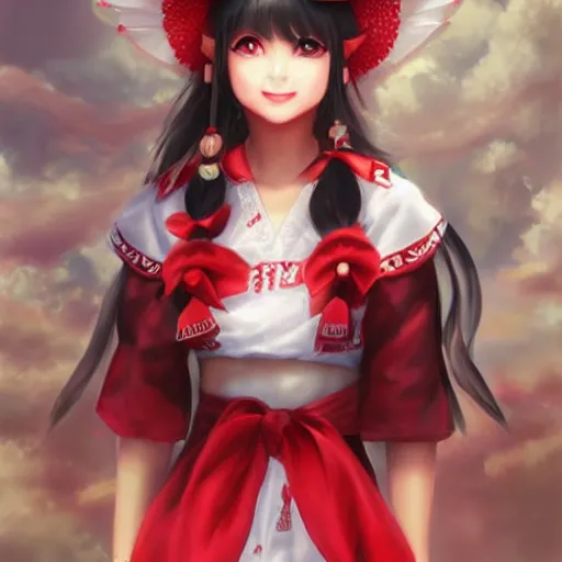 Image similar to portrait of reimu hakurei from touhou, matte painting by artgerm, artstation, perfect face, beautiful