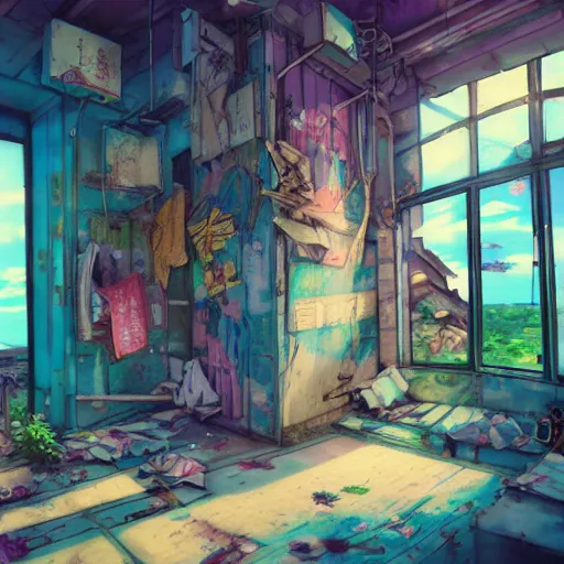 Image similar to painted anime background of the interior of a bedroom in the slums built from various coral seashells and being reclaimed by nature, nostalgia, vaporwave, litter, steampunk, cyberpunk, caustics, anime, vhs distortion, art created by miyazaki