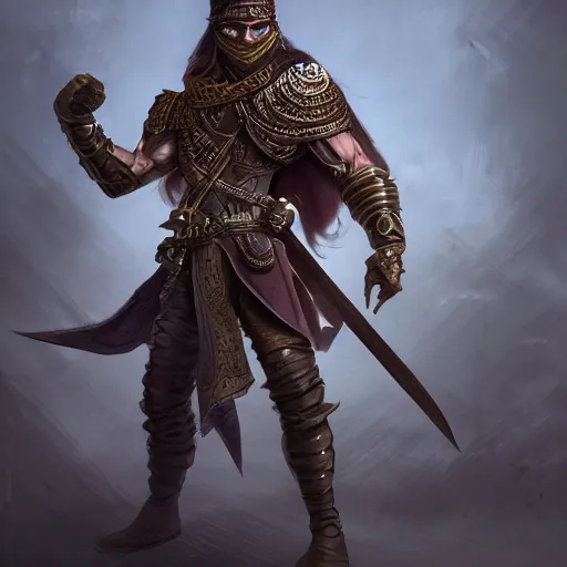 Image similar to D&D rogue character art Arabian warrior, intricate ornate armor, muscle, full body portraits, 35mm, position, cinematic litghing, realism concept art composition, ultra realistic, realism, cinematic, photorealistic, epic scene, low-key lighting, renderman, physically based render, dolby vision, 4k, super detailed, 8K, fantasy, detailed painting, long neck, long anatomy, mixed up, extra anatomy, style of charlie bowater, tom bagsgaw, artgerm, rule of thirds