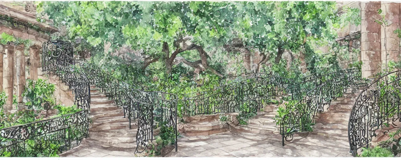 Image similar to isomeric view, stairway, chairs, wrought iron, delicate water in a botanic garden, garden road, sparrows, temple in a botanical herbarium paper, watercolor colored painting, iridescent colors, 8 k, realistic shaded, fine details, artstation, italian style, colonnade, huge flowers, architecture
