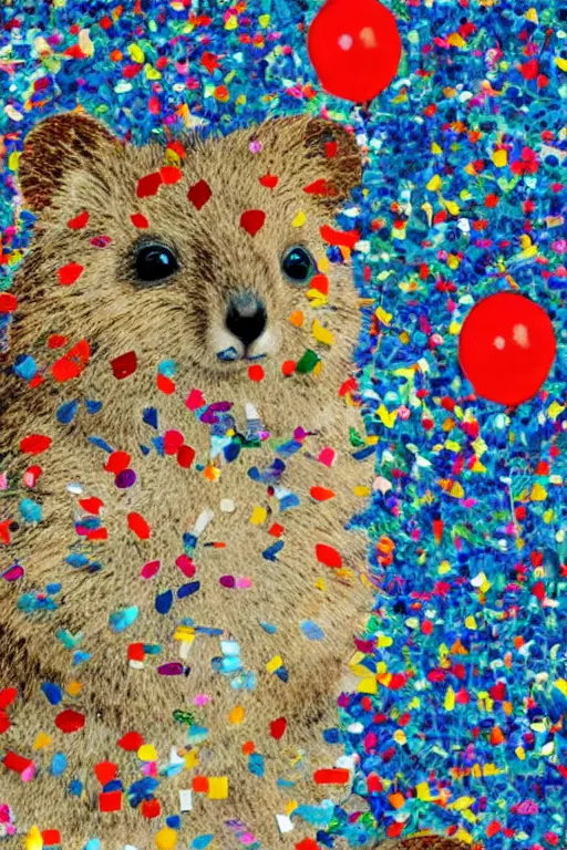 Image similar to detailed illustration, a portrait of a happy quokka on rotttnest island constructed from confetti, collage, may gibbs, layered composition, layers, texture, textured, layered, sculpted, dynamic, 🦋, 🎈,