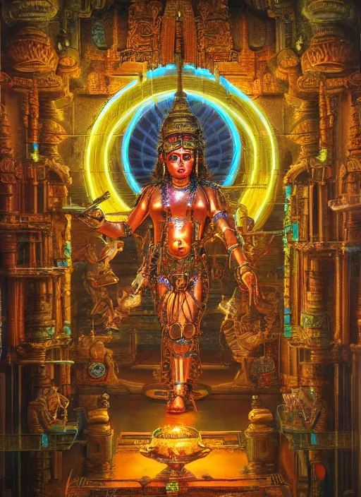 Prompt: cybertronic shiva statue in a hindu temple, neal asher sci - fi, cyberpunk, artstation, conceptual, hyperdetailed, donato giancola, james gurney, neon lights, mood lighting, rust