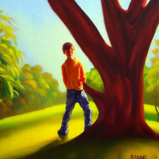 Prompt: beautiful oil painting of george sitting on a tree, day light, sunlight swamp, award - winning, matte,