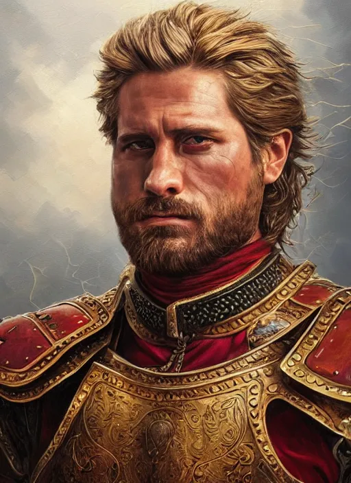 Prompt: highly detailed oil painting, masterpiece portrait warrior lannister, fantasy character portrait, dynamic pose, above view, top lighting