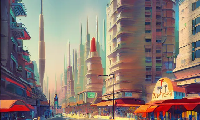 Prompt: A colorful sci-fi digital concept art painting of a street-level view of a utopic art deco city, by Santeri Soininen, trending on artstation, highly detailed, matte painting