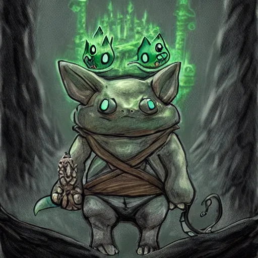 Prompt: Bulbasaur in style of Bloodborne. Concept art, cosmic horror.