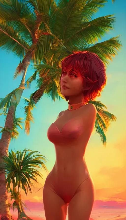 Prompt: a short woman, valkyrie style character, relaxing on the beach, bodysuit, tropical background, sunset, vibrant, psychedelic colors, by ilya kuvshinov, krenz cushart, pixiv. zbrush sculpt, octane, maya