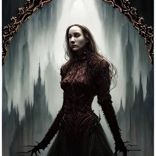 Prompt: Majestic and regal portrait of a riveting female vampire, indoor palatial dwelling, intricate, epic, elegant, menacing, fantasy, highly detailed, digital painting, hard focus, beautiful volumetric lighting, epic light, ultra detailed, by Leesha Hannigan, Ross Tran, Thierry Doizon, Kai Carpenter, Ignacio Fernández Ríos