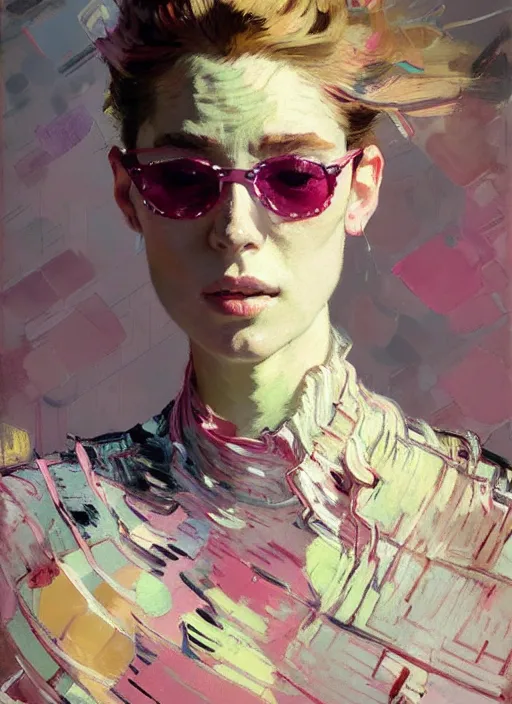 Prompt: portrait of a beautiful girl, haute couture, eyes closed, open mouth, shades of pink, beautiful face, rule of thirds, intricate outfit, spotlight, by greg rutkowski, by jeremy mann, by francoise nielly, by van gogh, digital painting