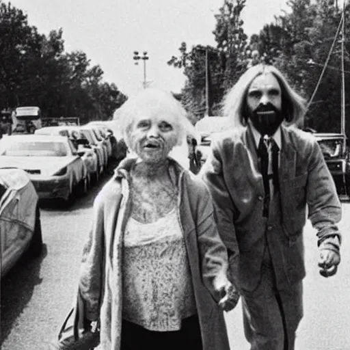 Image similar to Charles Manson helping an old lady crossing the road