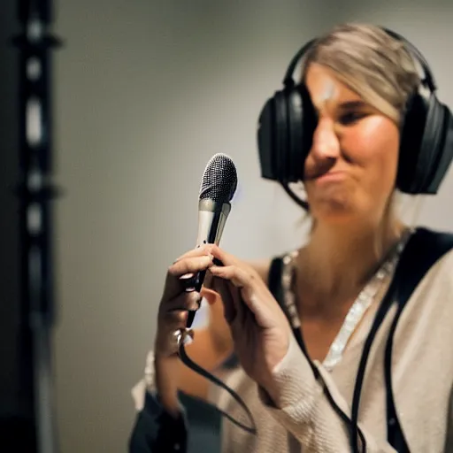 Image similar to A photograph of a bird wearing headphones and speaking into a high-end microphone in a recording studio.