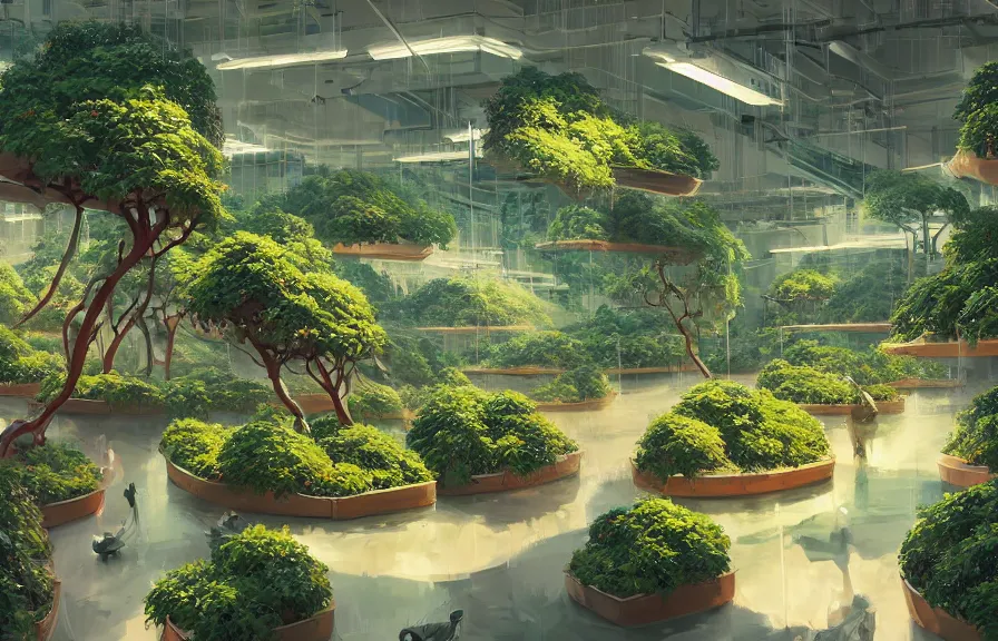 Prompt: concept art of a lush indoor hydroponics lab full of bonsai fruit trees in a far - future utopian city, key visual, ambient lighting, highly detailed, digital painting, artstation, concept art, sharp focus, by makoto shinkai and akihiko yoshida and hidari and wlop