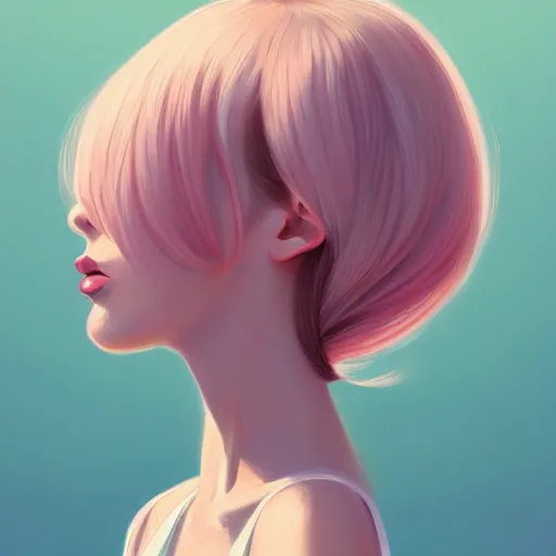 Image similar to adult female in summer dress art, pastel light pink very long hair, muted colors, matte print, pastel colors, ornate, digital art, digital painting, fan art, elegant, artstation, head is centered, by Ilya Kuvshinov