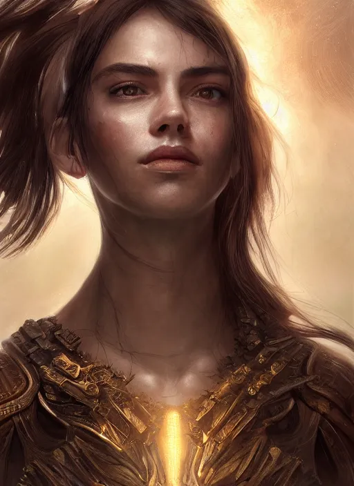 Image similar to a professional portrait of a beautiful young female, clothed in ethereal battle armor, olive skin, long dark hair, beautiful bone structure, symmetrical facial features, intricate, elegant, digital painting, concept art, smooth, sharp focus, finely detailed, illustration, from Valerian and the City of a Thousand Planets, in the style of Ruan Jia and Mandy Jurgens and Artgerm and Greg Rutkowski and William-Adolphe Bouguerea