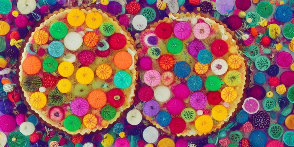 Prompt: many colorful pins and needles sticking out of a colorful fruit tarte on a beautiful ceramic plate