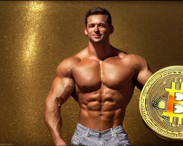 Prompt: attractive muscular bulky man posing in front of a huge golden bitcoin, commercial by annie liebovitz, gaston bussiere, craig mullins, j. c. leyendecker