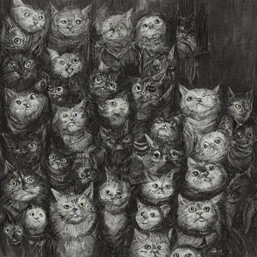 Image similar to a bunch of lovecraftian horror cats staring at you sitting in a dark victorian alley, uplight