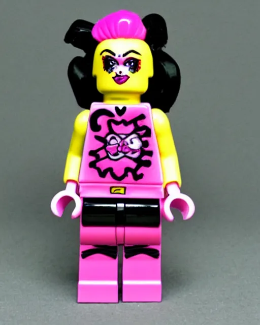 Image similar to a minifigure of a goth girl wearing pink, icp juggalo clown make up