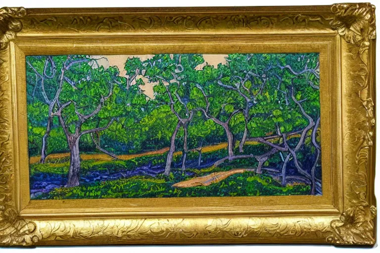 Image similar to masterpiece painting of oak trees on a hillside overlooking a creek, dramatic lighting, by dorothy p. lathrop