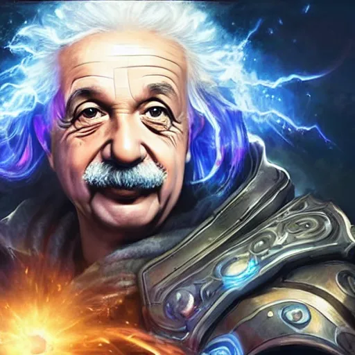 Image similar to portrait of albert einstein as a spellcaster, league of legends amazing splashscreen artwork, gears of war, splash art, natural light, elegant, photorealistic facial features, intricate, fantasy, detailed face, atmospheric lighting, anamorphic lens flare, cinematic lighting, league of legends splash art, hd wallpaper, ultra high details by greg rutkowski