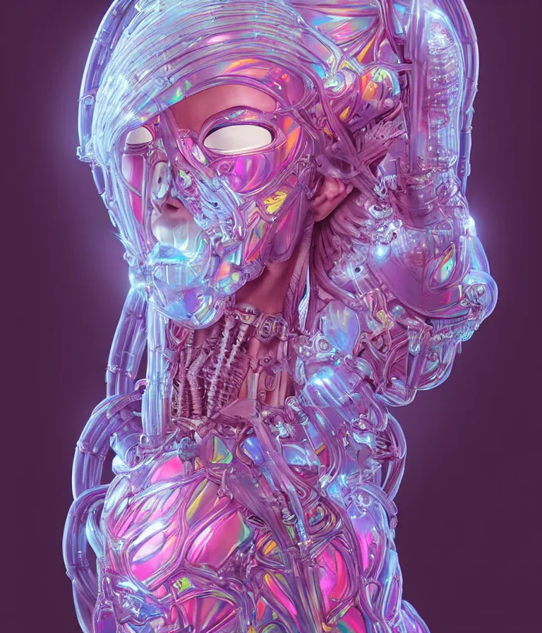 Image similar to fully symmetrical centered iridescent portrait of a beautiful princess in robe. artificial muscles, ribcage, bones, hard surface modelling. cyberpunk look. biomechanical mask. bio luminescent biomechanical halo around head. neon jellyfish. artwork by jarold Sng by artgerm, by Eddie Mendoza, by Peter mohrbacher by tooth wu, unreal engine, octane render, cinematic light, high details, iridescent colors, dichroic, macro, depth of field, blur