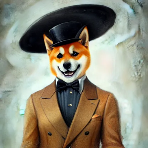 Prompt: full body portrait painting of a cute shiba inu gentleman with top hat, ultra realistic, concept art, intricate details, eerie, highly detailed, photorealistic, octane render, 8 k, unreal engine. art by artgerm and greg rutkowski and charlie bowater and magali villeneuve and alphonse mucha