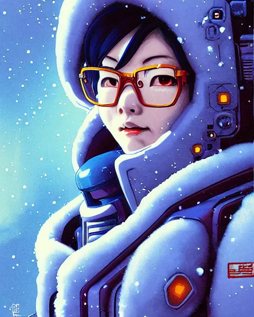 Prompt: mei from overwatch, character portrait, ice, cold, snow, sci - fi suit, portrait, close up, concept art, intricate details, highly detailed, vintage sci - fi poster, retro future, in the style of chris foss, rodger dean, moebius, michael whelan, and gustave dore