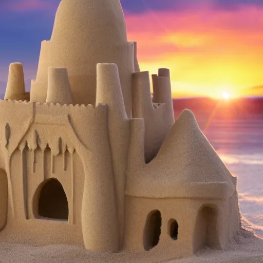 Image similar to cute fumo plush of a girl who built a sand castle in the shape of a mighty imperial city with walls and a moat, intricate detail, beach, lens flare, vray