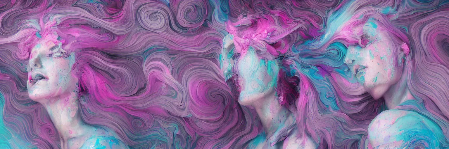 Image similar to A portrait of a very beautiful goddess with pink and grey hair radiating an artwork made of swirling paint and impasto by James Jean and WLOP , background is multicoloured volumetric displacement, hyperrealism, subsurface scattering, arnold render, noise to volume, 8k, houdini, xparticles