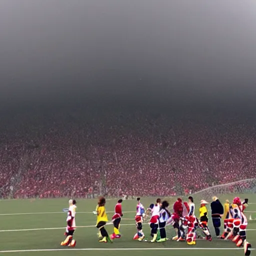 Image similar to clowns coming out of a small car in the middle of a soccer stadium while the game was happening, wide shot, phone quality, picture taken from the stadium bleachers, little fog, the soccer players are shocked