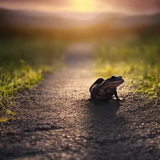 Image similar to a toad on the back of a horse riding into the sunset, realistic photography 8k