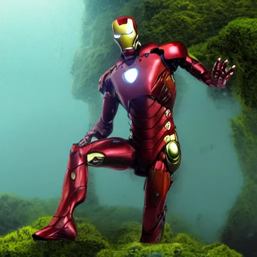 Image similar to rusty iron man suit with moss being reclaimed by nature underwater!!!!, 4 k, spooky