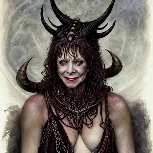 Image similar to head and shoulders portrait of an evil, black - skinned, horned night hag portrayed by reba mcintyre, d & d, fantasy, luis royo, magali villeneuve, donato giancola, wlop, krenz cushart